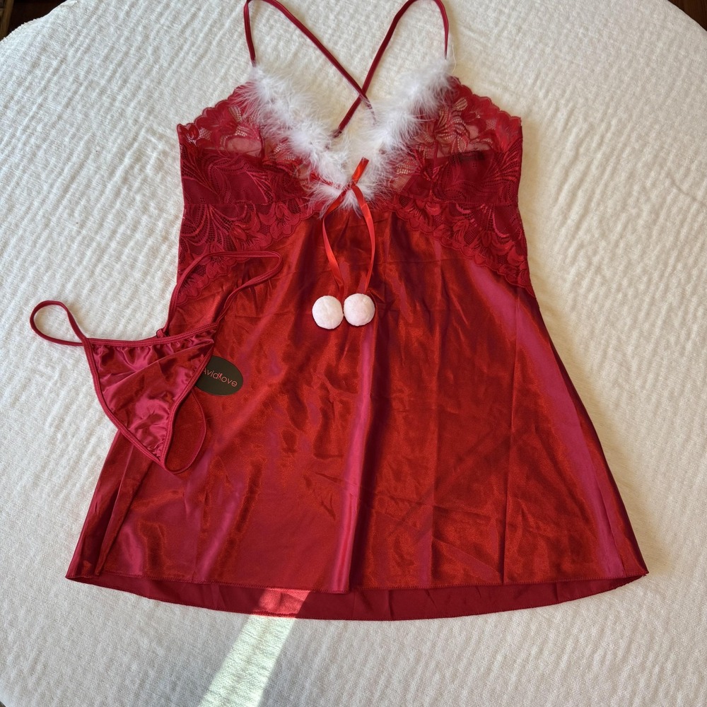 Avidlove Lingerie Babydoll Set Womens XL‎ Red Santa Lace Fur Trim Thong
